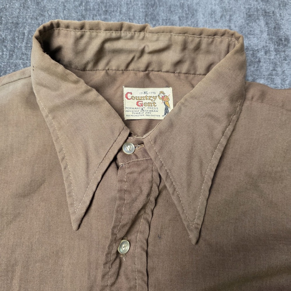 Vtg 60s 70s Country Gent Dagger Collar Shirt Mens XL 17 Brown Polycotton Western